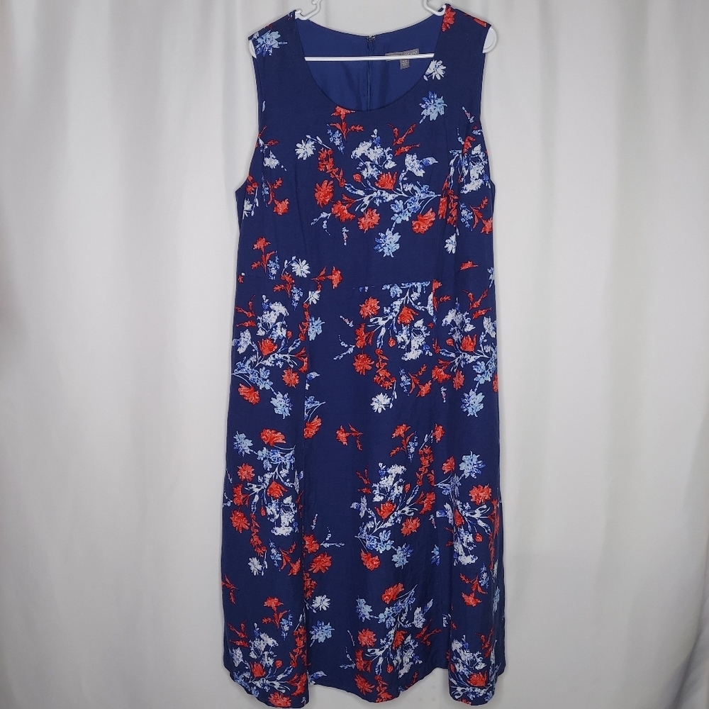 Jessica London Dress Sleeveless‎ Linen Blend 20W Floral Classic Preppy Patriotic